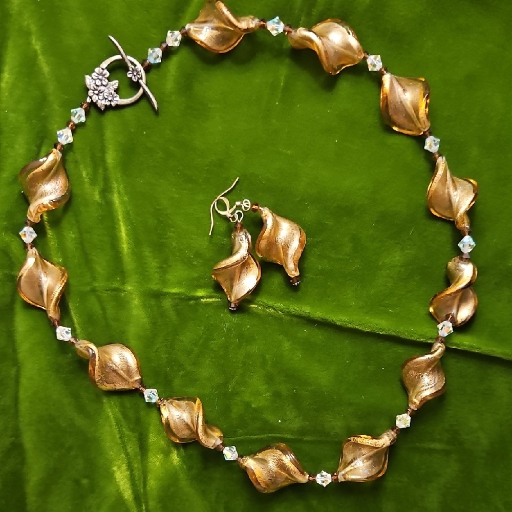 Shimmery Taupe-Tone Twisted Leaf 19" Necklace and Earrings Set -crystal Accents